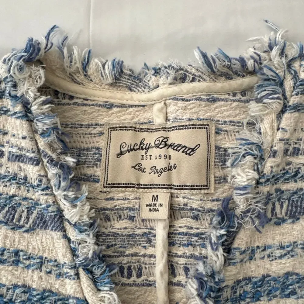 Lucky Brand tweed striped blue & cream open front fringed jacket size medium